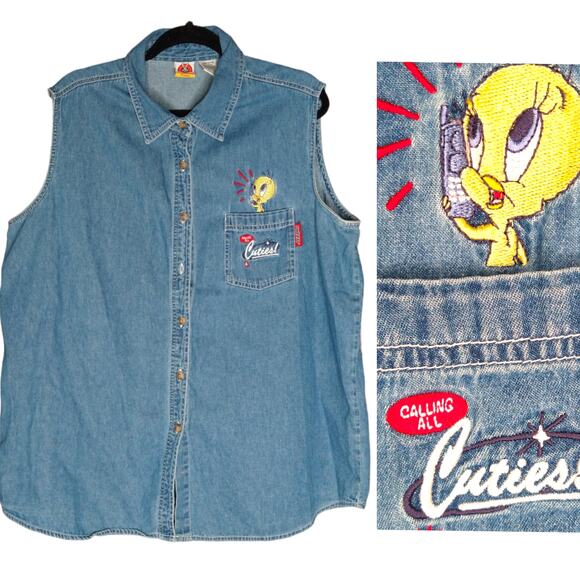 Y2K Vintage Tweety Bird Sleeveless Denim Shirt size 18/20 2X - Picture 1 of 5